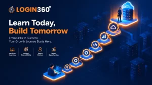 Isometric graphic of a person progressing from coding at a laptop to standing as a cloud professional beside a server and cloud icon