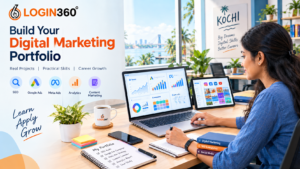 "A student reviewing digital marketing portfolio projects on a Google Ads dashboard"