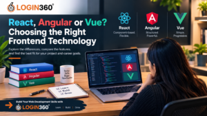 Login360 banner comparing React, Angular, and Vue frontend technologies for web development