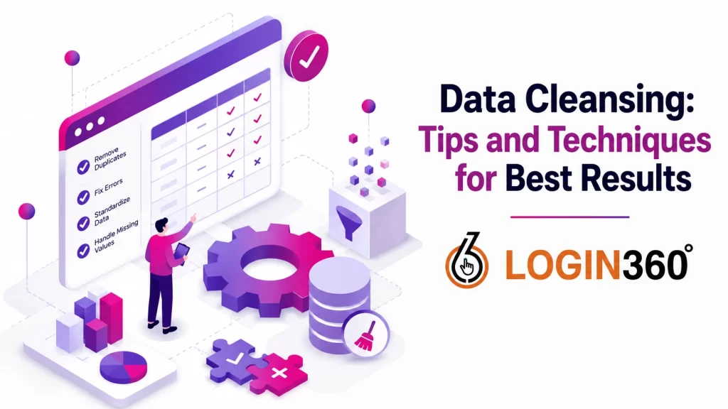 Data cleansing tips and techniques illustration showing data validation, duplicate removal, data standardization, and data quality improvement