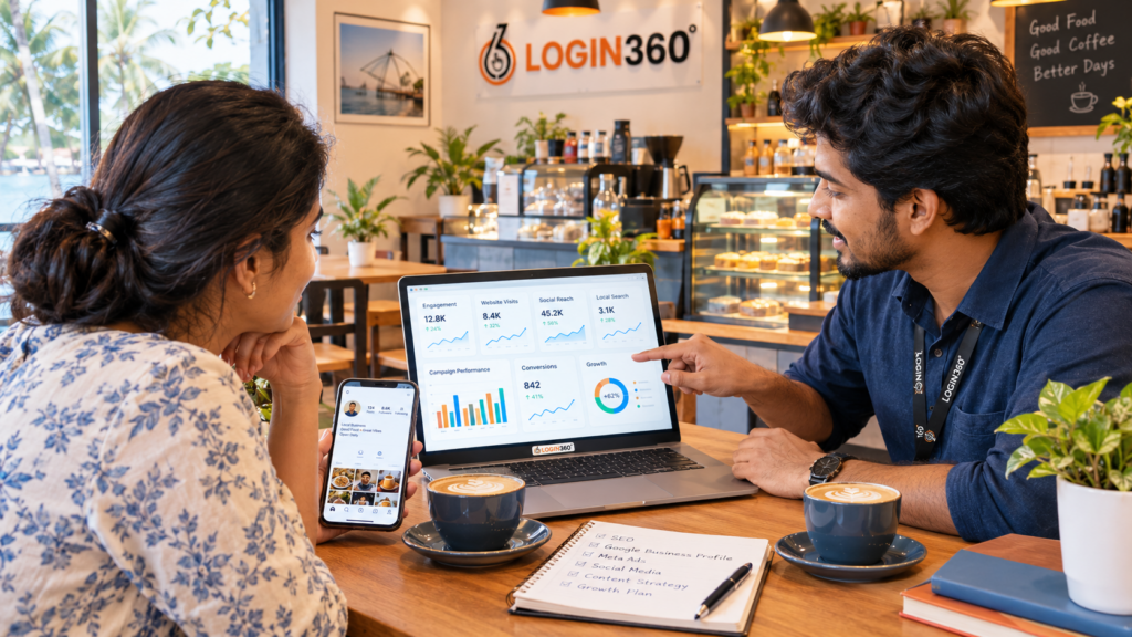 Digital marketer presenting SEO, social media, local search, and advertising campaign results to a local business owner in a Kochi café.