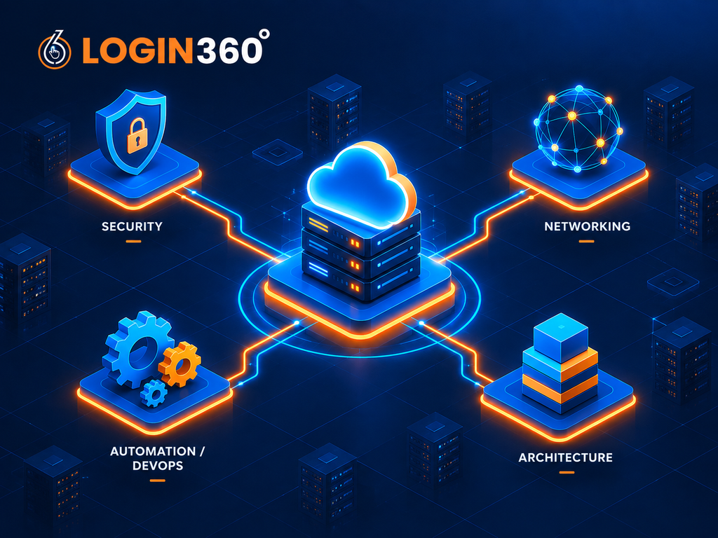 Diagram of a central cloud server connected to four specialization areas: security, networking, automation and DevOps, and architecture