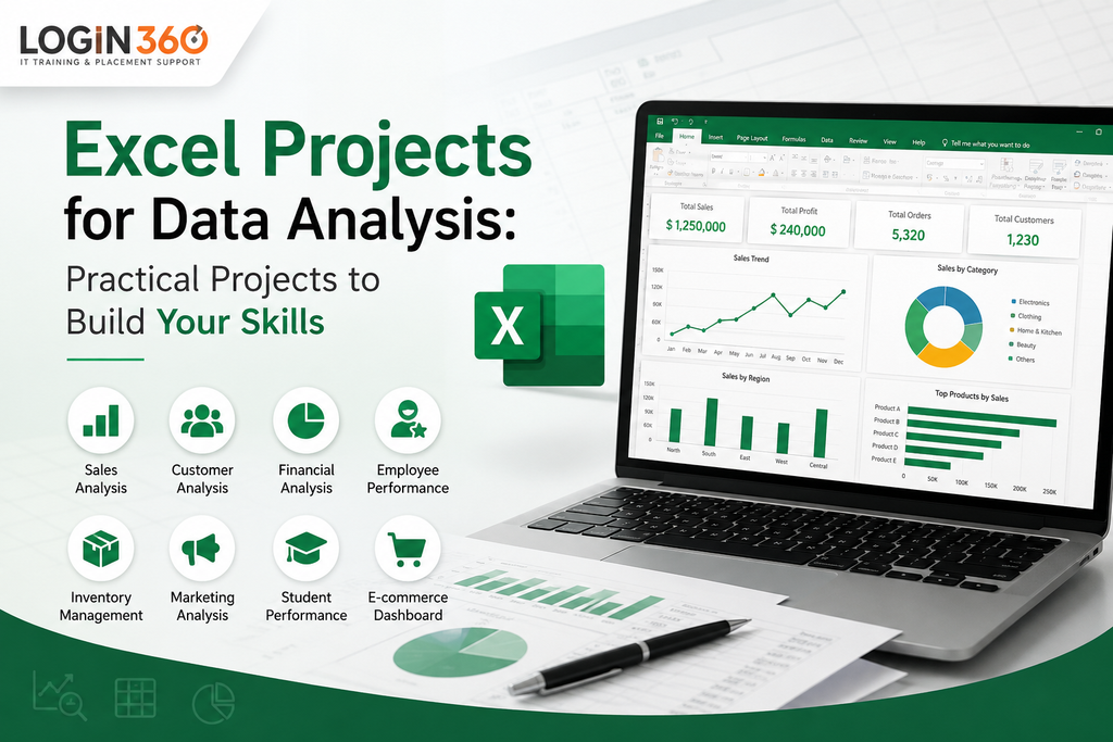Excel projects for data analysis featuring dashboards, charts, sales, customer, financial, marketing, inventory, and e-commerce analysis.