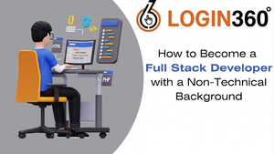 A LOGIN360 banner addressing if non-technical students can build a career in full stack development, featuring a 3D illustration of a developer coding at a workstation with screens displaying HTML and PHP icons.