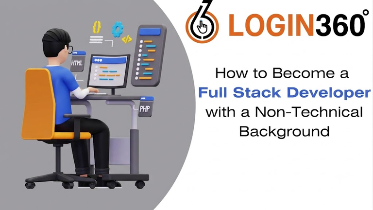 A LOGIN360 banner addressing if non-technical students can build a career in full stack development, featuring a 3D illustration of a developer coding at a workstation with screens displaying HTML and PHP icons.