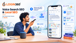 Voice search and local SEO illustration showing a digital marketing query in Kochi, Google-style search results, map pins, business listings, and AI search