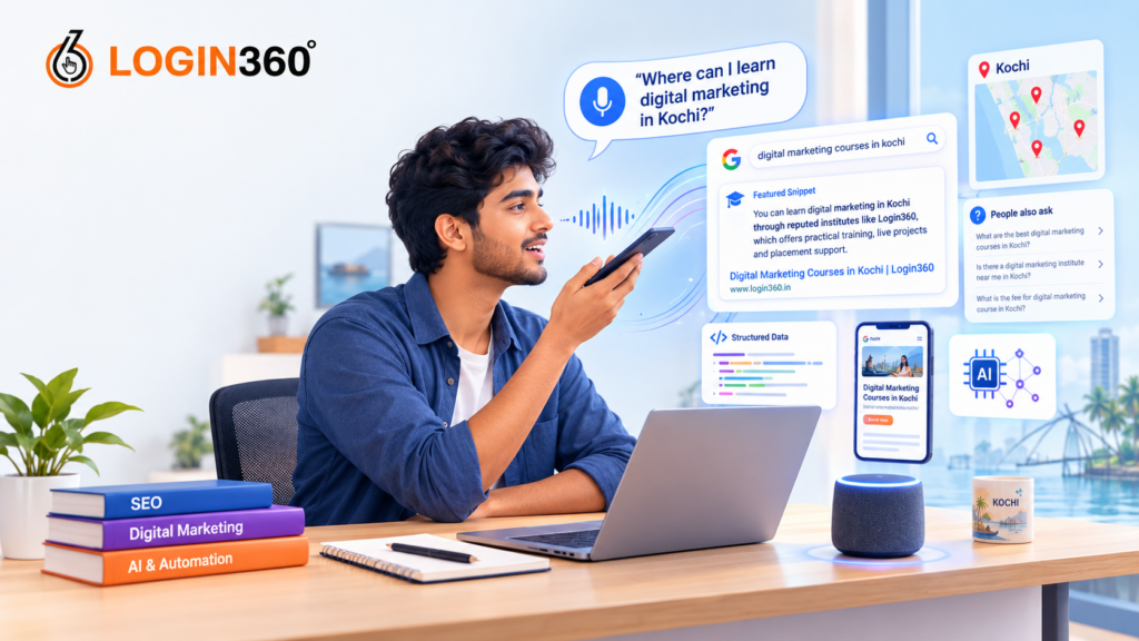 Young digital marketer using voice search for digital marketing information in Kochi, with AI search, featured snippets, SEO tools, and local map results