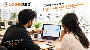Digital marketing professionals reviewing SEO, social media, content, ads, email and analytics