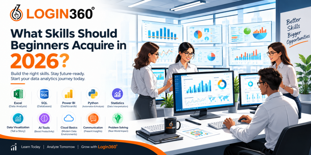 Data analytics trends in 2026 and essential skills for beginners, including Excel, SQL, Power BI, Python, statistics, AI tools, cloud computing, data visualization, and problem solving