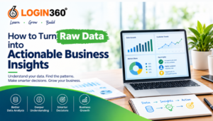 LOGIN360 banner about turning raw data into actionable business insights, featuring a laptop displaying charts and analytics.