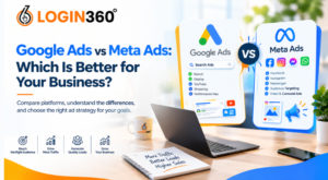 LOGIN360 banner comparing Google Ads vs Meta Ads, featuring platform logos, advertising feature cards, and a laptop on a desk.
